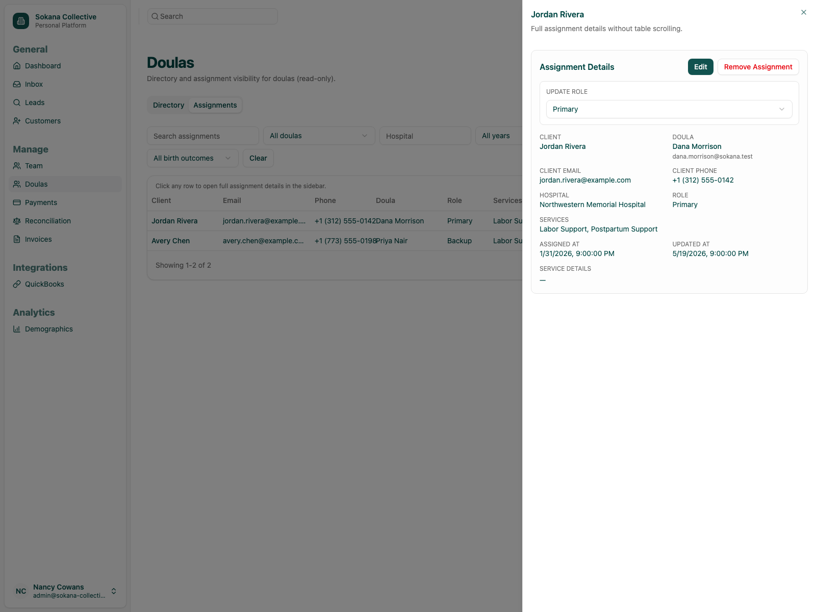 Assignment detail showing doula pairing, hospital, and services