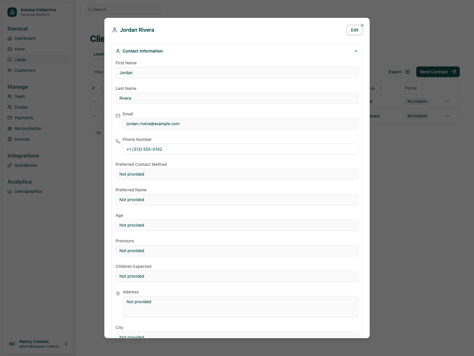 Client detail panel showing contact information within the client workspace