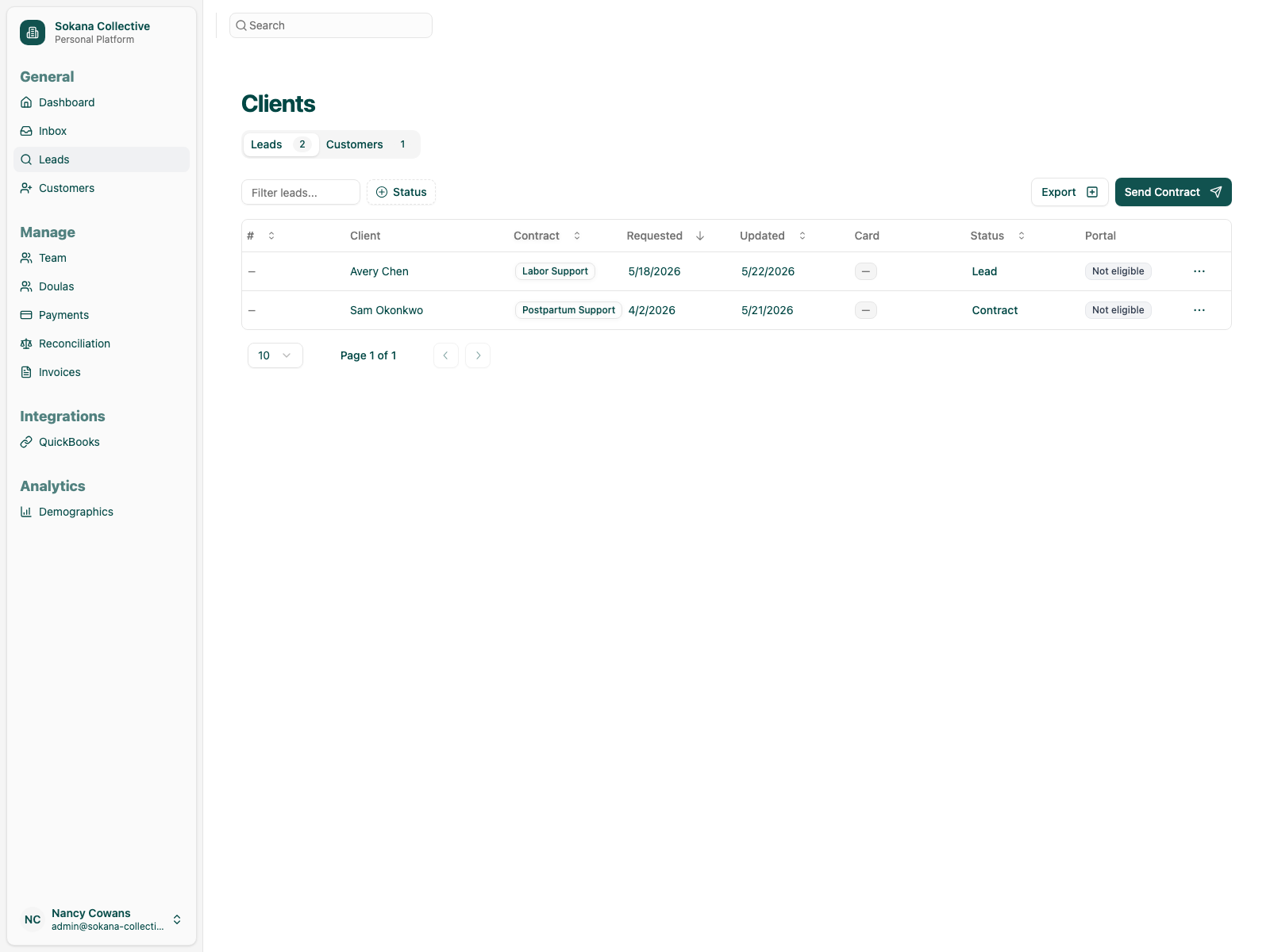Clients table with status and operational list visibility