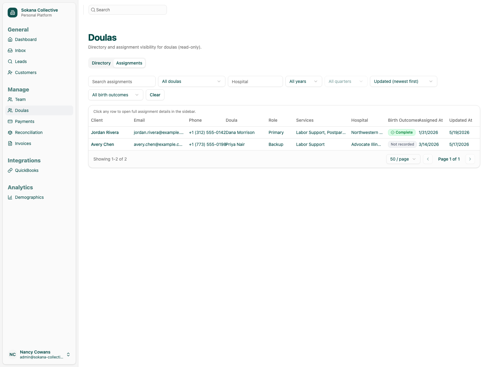 Doula assignments table with filters and status