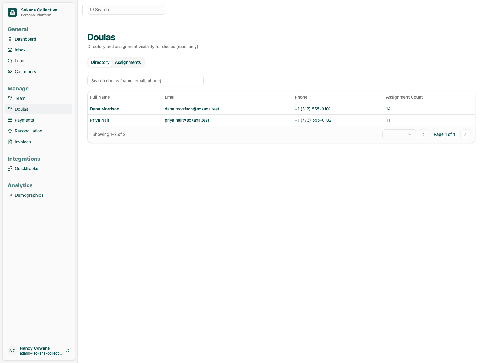 Doula directory with assignment counts