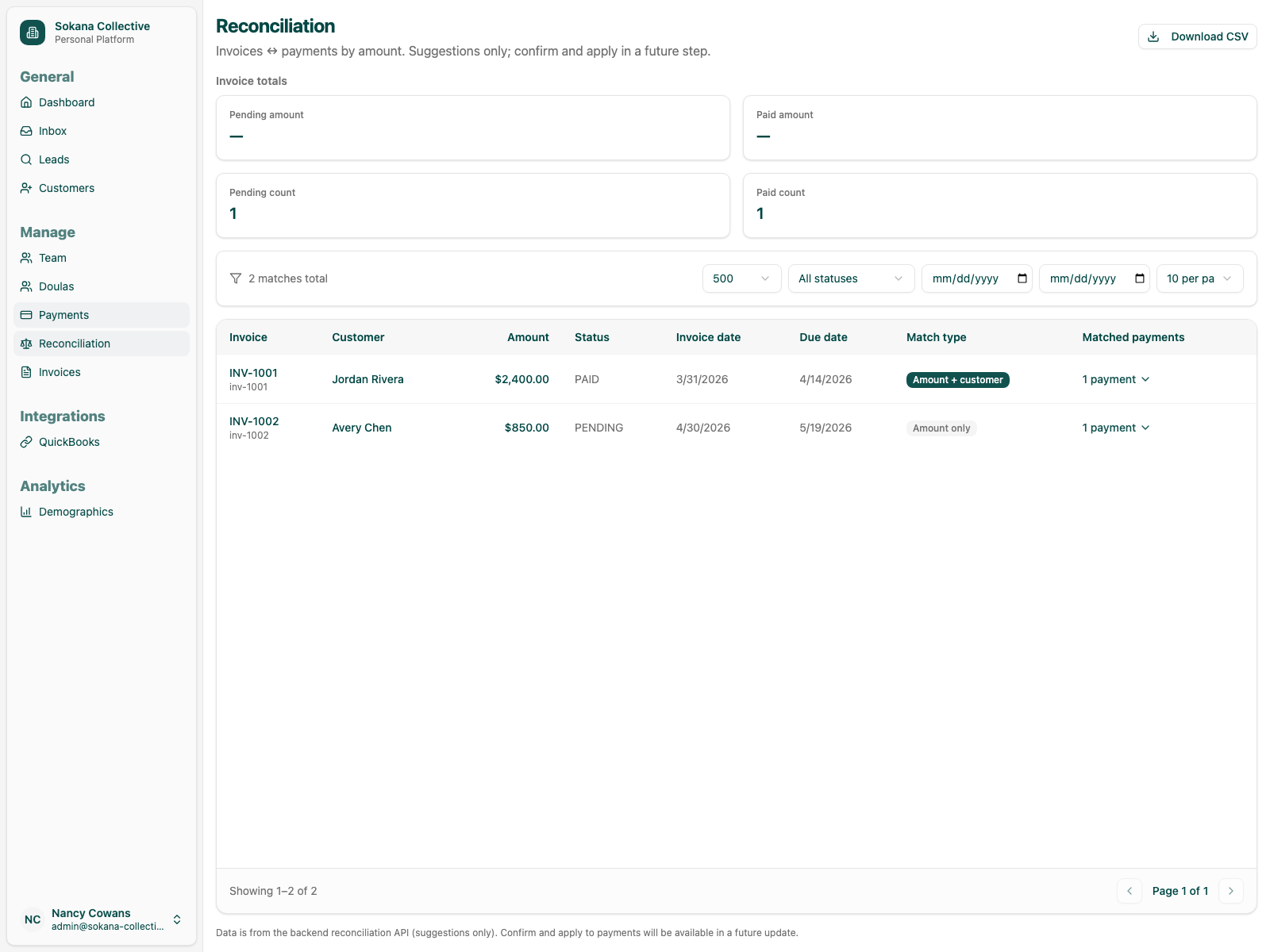 Payment reconciliation engine matching invoices and payments