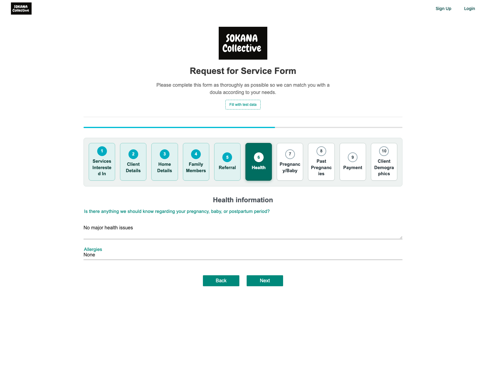 Intake request form — health information step