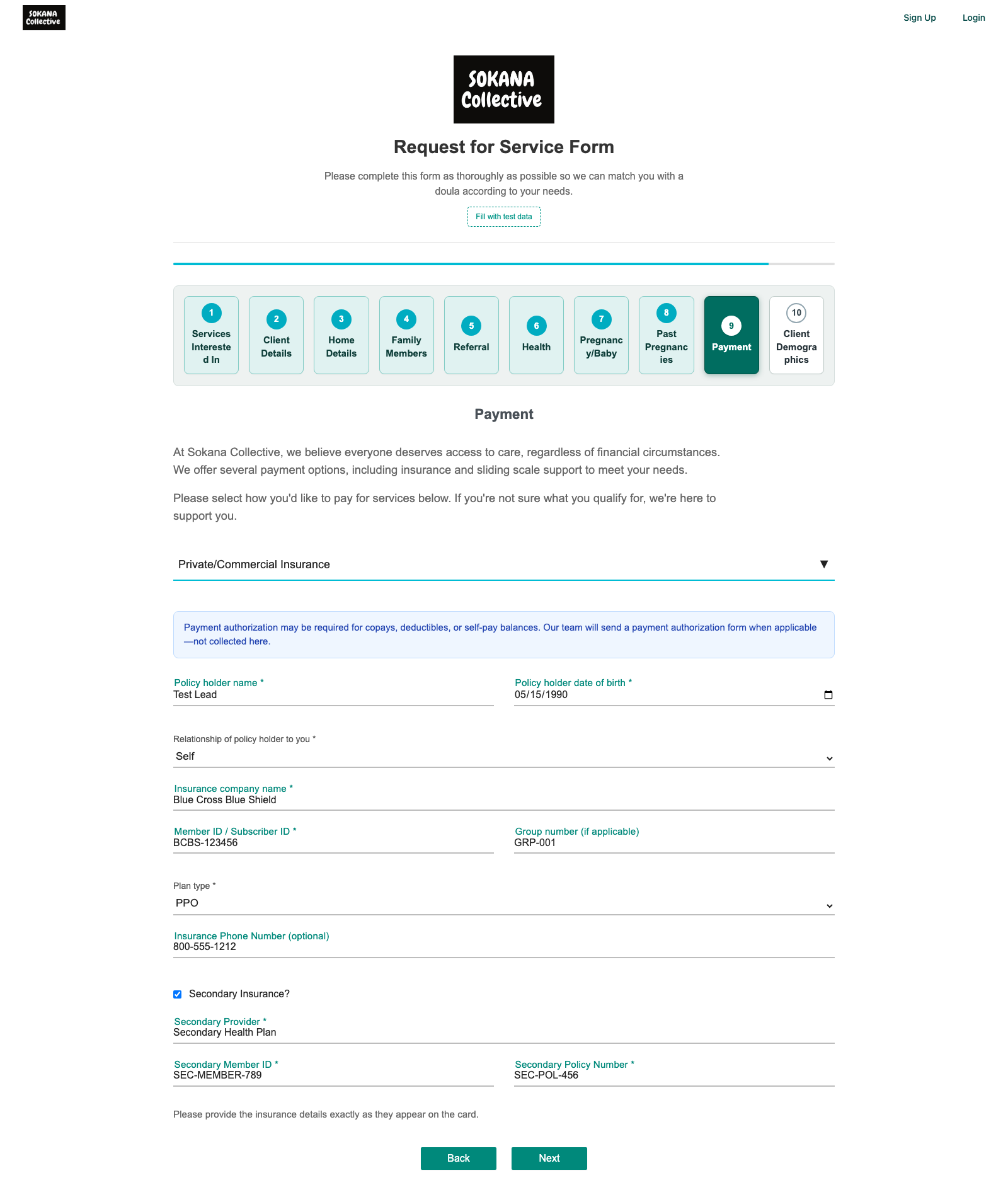 Intake request form — payment and insurance step