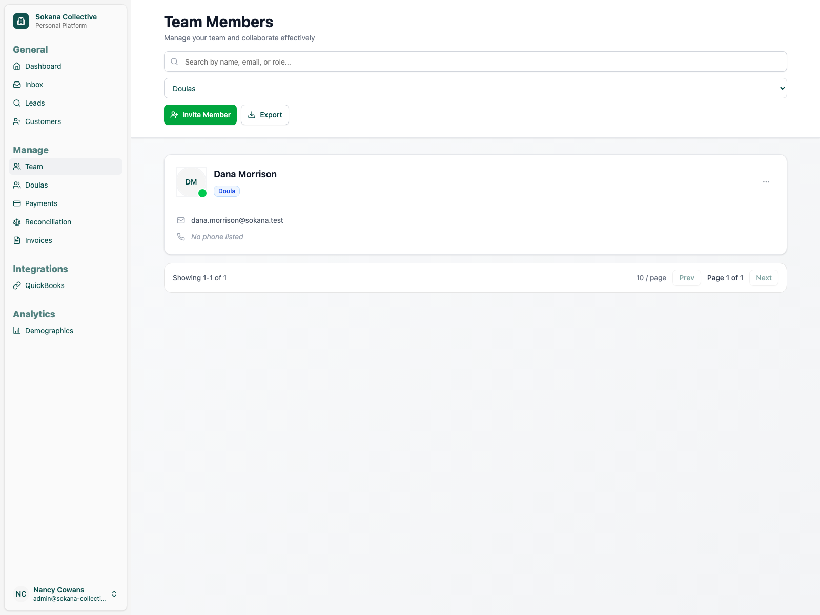 Team directory with roles and access